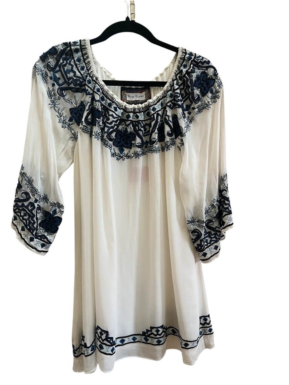 Vintage Collection XL NWT Handwoven Embroidered Boho Tunic White Blue Artisan - Picture 2 of 8